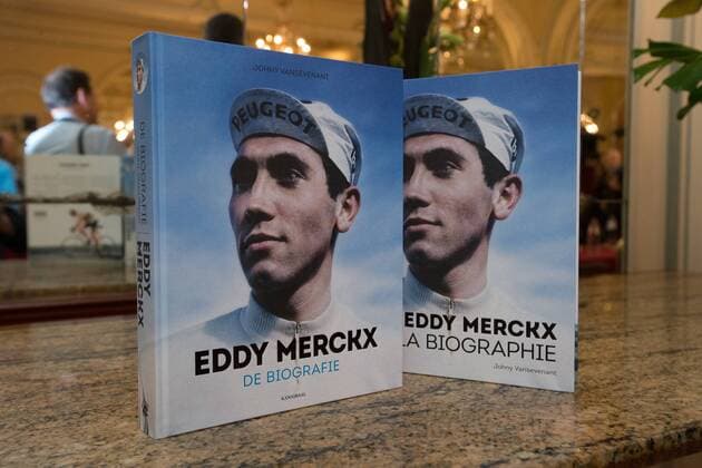 - BRUSSELS, BELGIUM: Illustration picture shows the books in marge of the press conference PK Pressekonferenz to present thebook Eddy Merckx. De biografie of Johny Vansevenant, the result of ten years researches and interviews, in Brussels Metropole Hotel, Wednesday 28 October 2015. KURTxDESPLENTER  x04729861x