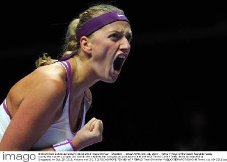 (151028) -- SINGAPORE, Oct. 28, 2015 -- Petra Kvitova of the Czech Republic reacts during the women s singles 3rd round match against her compatriot Lucie Safarova at the WTA Tennis Damen finals tennis tournament in Singapore, on Oct. 28, 2015. Kvitova won 2-0. ) (SP)SINGAPORE-TENNIS-WTA FINALS ThenxChihxWey 