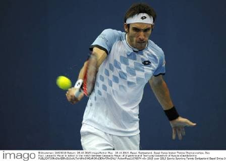 28.10.2015. Basel, Switzerland. Basel Swiss Indoor Tennis Championships. Day Four. Leonardo Mayer in action in the match between Leonardo Mayer of Argentina and Teymuraz Gabashvili of Russia xDavidxEmmx  ActionPlus11676574