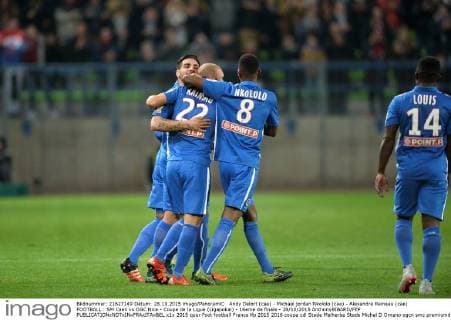 Andy Delort (cae) - Michael jordan Nkololo (cae) - Alexandre Raineau (cae) FOOTBALL : SM Caen vs OGC Nice - Coupe de la Ligue (Ligapokal) - 16eme de finale - 28 10 2015 AnthonyBIBARD FEP 