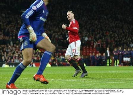 Wayne Rooney of Manchester United ManU looks dejected following his failed penalty - Manchester Untied vs Middlesbrough - Capital One League Cup - Old Trafford - Manchester - 28 10 2015 Pic Philip Oldham SportImage EDITORIAL USE ONLY. No use with unauthorised audio, video, data, fixture lists, club league logos or live services. Online in-match use limited to 120 images, no video emulation. No use in betting, games or single club league player publications.