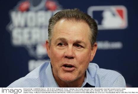 Kansas City Royals manager Ned Yost answers reporters questions at a press conference PK Pressekonferenz before the World Series continues at Citi Field in New York City on October 30, 2015. Game 3 of the series begins Friday.  NYP20151029305 RAYxSTUBBLEBINE