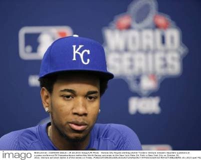 Kansas City Royals starting pitcher Yordano Ventura answers reporters questions at a press conference PK Pressekonferenz before the World Series continues at the New York Mets Citi Field in New York City on October 30, 2015. Ventura will start Game 3 of the series on Friday.  NYP20151029310 RAYxSTUBBLEBINE