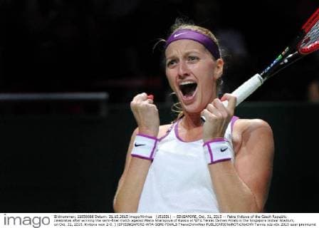 (151031) -- SINGAPORE, Oct. 31, 2015 -- Petra Kvitova of the Czech Republic celebrates after winning the semi-final match against Maria Sharapova of Russia at WTA Tennis Damen Finals in the Singapore Indoor Stadium, on Oct. 31, 2015. Kvitova won 2-0. ) (SP)SINGAPORE-WTA-SEMI-FINALS ThenxChihxWey 