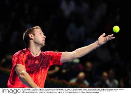 Oct. 31, 2015 - Basel, Basel, Switzerland - Jack Sock (USA) serves during a match against Roger Federer in the semi finals of the Swiss Indoors at St. Jakobshalle in Basel, Switzerland on October 31, 2015. Semi finals of the Swiss Indoors 2015  - ZUMAn230