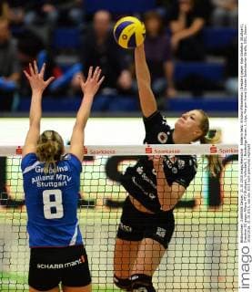 hinterm Netz: Kristina Mikhailenko (Dresden) gegen Kaja Grobelna (Stuttgart), Dresdner SC gegen Allianz MTV Stuttgart, Volleyball, 1. Bundesliga Frauen, 1. Liga, Margon-Arena Dresden Bodenbacher Straße, DSC, Saison 2015 2016, 31.10.2015,