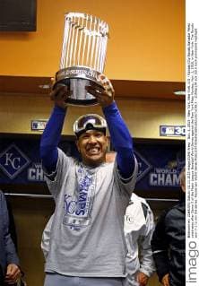 Nov. 1, 2015 - New York, New York, U.S - Kansas City Royals Salvador Perez celebrates after Game 5 of the Major League Baseball World Series against the New York Mets Monday, Nov. 2, 2015, in New York. The Royals won 7-2 to win the series. Royals win World Series - ZUMAp124