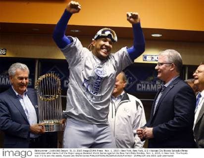 Nov. 1, 2015 - New York, New York, U.S - Kansas City Royals Salvador Perez celebrates after Game 5 of the Major League Baseball World Series against the New York Mets Monday, Nov. 2, 2015, in New York. The Royals won 7-2 to win the series. Royals win World Series - ZUMAp124