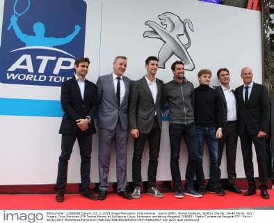 David Goffin; Novak Djokovic; Jeremy Chardy; David Ferrer, Guy Forget; Chris Kermode ATP Tennis Herren et Guillaume Couzy (directeur marketing Peugeot) TENNIS : Media Conference Peugeot ATP - Paris - 02 11 2015 PhotoNews Panoramic 
