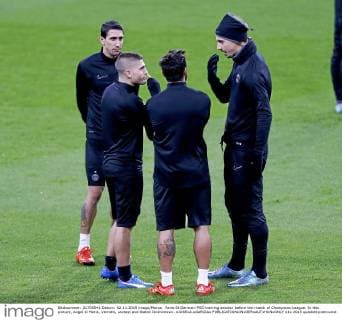 Paris St Germain PSG training session before the match of Champions League. In this picture, Angel di Maria, Verratti, Lavezzi and Slatan Ibrahimovic. xJOSExA.xGARCIAx 