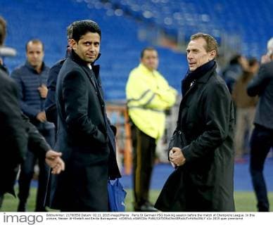 Paris St Germain PSG training session before the match of Champions League. In this picture, Nasser Al-Khelaifi and Emilio Butragueno. xJOSExA.xGARCIAx 