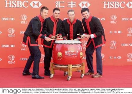 (From left) Henrik Stenson of Sweden, Rickie Fowler, Jordan Spieth and Bubba Watson of the United States beat a drum at the opening ceremony of the 2015 WGC HSBC Champions golf tournament in Shanghai, China, 3 November 2015. Golfers beat drums to tee off HSBC Champions golf tournament in Shanghai  20151103_33334