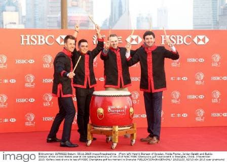 (From left) Henrik Stenson of Sweden, Rickie Fowler, Jordan Spieth and Bubba Watson of the United States pose at the opening ceremony of the 2015 WGC HSBC Champions golf tournament in Shanghai, China, 3 November 2015. Golfers beat drums to tee off HSBC Champions golf tournament in Shanghai  20151103_82715