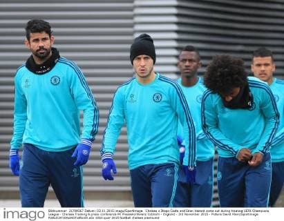 Chelsea s Diego Costa and Eden Hazard come out during training UEFA Champions League - Chelsea Training & press conference PK Pressekonferenz Cobham - England - 3rd November 2015 - Picture David Klein Sportimage EDITORIAL USE ONLY. No use with unauthorised audio, video, data, fixture lists, club league logos or live services. Online in-match use limited to 120 images, no video emulation. No use in betting, games or single club league player publications.