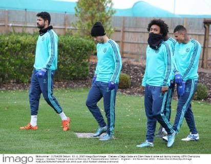 Chelsea s Diego Costa and Eden Hazard come out during training UEFA Champions League - Chelsea Training & press conference PK Pressekonferenz Cobham - England - 3rd November 2015 - Picture David Klein Sportimage EDITORIAL USE ONLY. No use with unauthorised audio, video, data, fixture lists, club league logos or live services. Online in-match use limited to 120 images, no video emulation. No use in betting, games or single club league player publications.