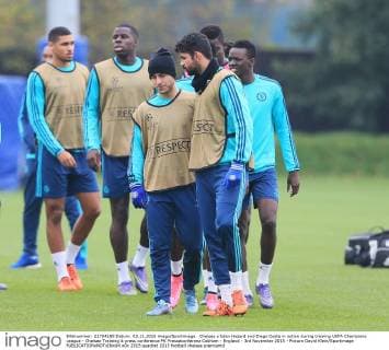 Chelsea s Eden Hazard and Diego Costa in action during training UEFA Champions League - Chelsea Training & press conference PK Pressekonferenz Cobham - England - 3rd November 2015 - Picture David Klein Sportimage EDITORIAL USE ONLY. No use with unauthorised audio, video, data, fixture lists, club league logos or live services. Online in-match use limited to 120 images, no video emulation. No use in betting, games or single club league player publications.
