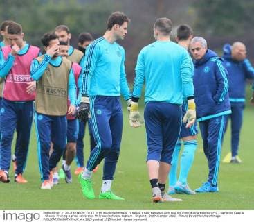 Chelsea s Cesc Fabregas with Jose Mourinho during training UEFA Champions League - Chelsea Training & press conference PK Pressekonferenz Cobham - England - 3rd November 2015 - Picture David Klein Sportimage EDITORIAL USE ONLY. No use with unauthorised audio, video, data, fixture lists, club league logos or live services. Online in-match use limited to 120 images, no video emulation. No use in betting, games or single club league player publications.