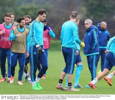 Chelsea s Jose Mourinho during training with Cesc Fabregas UEFA Champions League - Chelsea Training & press conference PK Pressekonferenz Cobham - England - 3rd November 2015 - Picture David Klein Sportimage EDITORIAL USE ONLY. No use with unauthorised audio, video, data, fixture lists, club league logos or live services. Online in-match use limited to 120 images, no video emulation. No use in betting, games or single club league player publications.