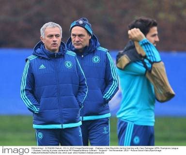 Chelsea s Jose Mourinho during training with Cesc Fabregas UEFA Champions League - Chelsea Training & press conference PK Pressekonferenz Cobham - England - 3rd November 2015 - Picture David Klein Sportimage EDITORIAL USE ONLY. No use with unauthorised audio, video, data, fixture lists, club league logos or live services. Online in-match use limited to 120 images, no video emulation. No use in betting, games or single club league player publications.