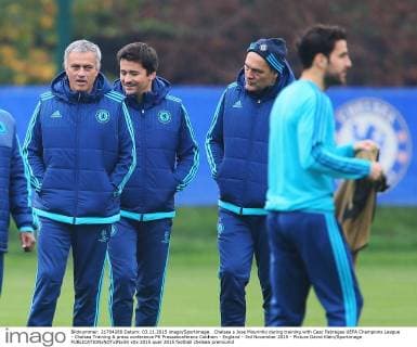 Chelsea s Jose Mourinho during training with Cesc Fabregas UEFA Champions League - Chelsea Training & press conference PK Pressekonferenz Cobham - England - 3rd November 2015 - Picture David Klein Sportimage EDITORIAL USE ONLY. No use with unauthorised audio, video, data, fixture lists, club league logos or live services. Online in-match use limited to 120 images, no video emulation. No use in betting, games or single club league player publications.