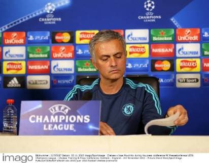 Chelsea s Jose Mourinho during his press conference PK Pressekonferenz UEFA Champions League - Chelsea Training & Press Conference- Cobham - England - 3rd November 2015 - Picture David Klein Sportimage EDITORIAL USE ONLY. No use with unauthorised audio, video, data, fixture lists, club league logos or live services. Online in-match use limited to 120 images, no video emulation. No use in betting, games or single club league player publications.
