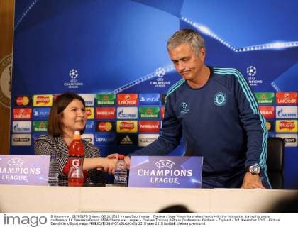 Chelsea s Jose Mourinho shakes hands with the interpeter during his press conference PK Pressekonferenz UEFA Champions League - Chelsea Training & Press Conference- Cobham - England - 3rd November 2015 - Picture David Klein Sportimage EDITORIAL USE ONLY. No use with unauthorised audio, video, data, fixture lists, club league logos or live services. Online in-match use limited to 120 images, no video emulation. No use in betting, games or single club league player publications.