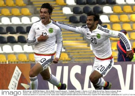 Football, Ecuador v Mexico. U 17, Chile World Cup. Mexico s player, Bryan Salazar, left, celebrates with teammates after scoring against Ecuador during the Under 17 Chile World Cup at the Francisco Sanchez Rumoroso stadium in Coquimbo, Chile. 02 11 2015 