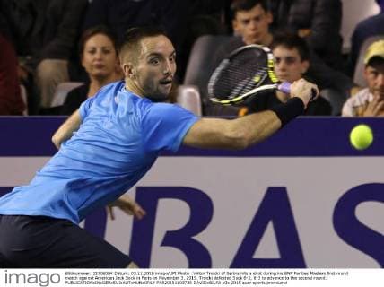 Viktor Troicki of Serbia hits a shot during his BNP Paribas Masters first round match against American Jack Sock in Paris on November 3, 2015. Troicki defeated Sock 6-2, 6-3 to advance to the second round.  PAR20151103736 DAVIDxSILPA