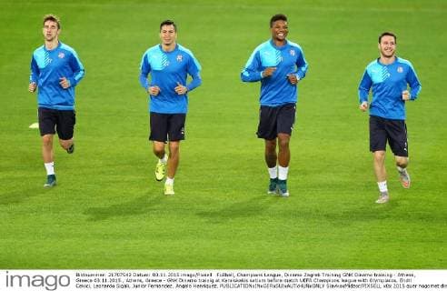 Fußball, Champions League, Dinamo Zagreb Training GNK Dinamo training - Athens, Greece 03.11.2015., Athens, Greece - GNK Dinamo trainig at Karaiskakis satium before match UEFA Champions league with Olympiacos. Endri Cekici, Leonardo Sigali, Junior Fernandez, Angelo Henriquez.  SlavkoxMidzor PIXSELL