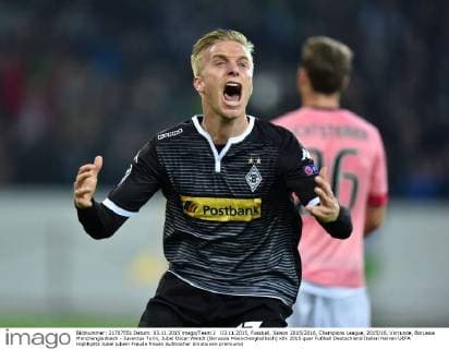 03.11.2015, Fussball, Saison 2015 2016, Champions League, 2015 16, Vorrunde, Borussia Mönchengladbach - Juventus Turin, Jubel Oscar Wendt (Borussia Moenchengladbach)