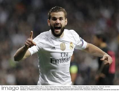 Fußball, Champions League, Real Madrid - Paris St. Germain Partido de futbol entre el Real Madrid y el Paris Saint Germain de la Champions League 2015 2016, celebrado en el estadio Santiago Bernabeu, en Madrid 03 11 2015. Soccer match between Real Madrid and Paris Saint Germain of the 2015 2016 Champions League, held at the Santiago Bernabeu stadium, in Madrid 11 03 2015. Nacho celebrates after scoring 