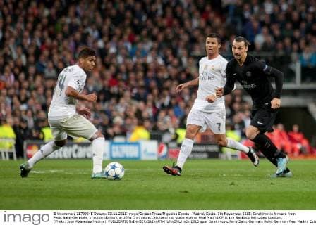 Madrid, Spain. 3th November 2015: Ibrahimovic forward from Paris Saint-Germain, in action during the UEFA Champions League group stage against Real Madrid CF at the Santiago Bernabeu stadium. (Photo: Ivan Abanades Medina). 
