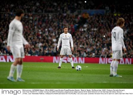 Madrid, Spain. 3th November 2015: Cristiano Ronaldo forward from Real Madrid CF, in action during the UEFA Champions League group stage against Paris Saint-Germain at the Santiago Bernabeu stadium. (Photo: Ivan Abanades Medina). 
