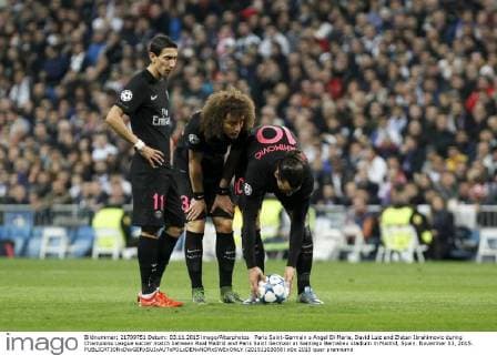Paris Saint-Germain s Angel Di Maria, David Luiz and Zlatan Ibrahimovic during Champions League soccer match between Real Madrid and Paris Saint Germain at Santiago Bernabeu stadium in Madrid, Spain. November 03, 2015.  (20151103058)