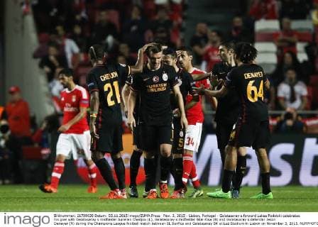 Nov. 3, 2015 - Lisbon, Portugal - Galatasaray s forward Lukas Podolski celebrates his goal with Galatasaray s midfielder Aurelien Chedjou (L), Galatasaray s midfielder Bilal Kisa (B) and Galatasaray s defender Jason Denayer (R) during the Champions League football match between SL Benfica and Galatasaray SK at Luz Stadium in Lisbon on November 3, 2015. NURPHOTO CARLOS PALMA. FBL-EUR-C1-BENFICA-GALATASARAY  - ZUMAn230