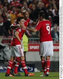 Nov. 3, 2015 - Lisbon, Portugal - Benfica s defender Luisao (C) celebrates his goal with Benfica s midfielder Nicolas Gaitan (L) and Benfica s forward Raul Jimenez (R) during the Champions League football match between SL Benfica and Galatasaray SK at Luz Stadium in Lisbon on November 3, 2015. NURPHOTO CARLOS PALMA. FBL-EUR-C1-BENFICA-GALATASARAY  - ZUMAn230