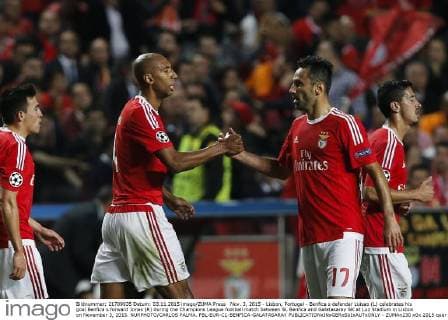 Nov. 3, 2015 - Lisbon, Portugal - Benfica s defender Luisao (L) celebrates his goal Benfica s forward Jonas (R) during the Champions League football match between SL Benfica and Galatasaray SK at Luz Stadium in Lisbon on November 3, 2015. NURPHOTO CARLOS PALMA. FBL-EUR-C1-BENFICA-GALATASARAY  - ZUMAn230