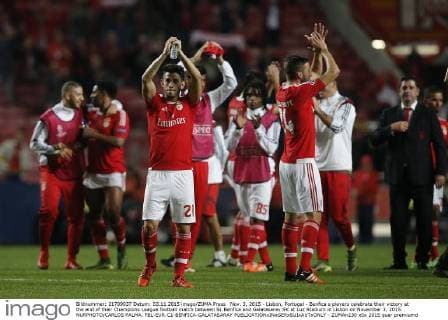 Nov. 3, 2015 - Lisbon, Portugal - Benfica s players celebrate their victory at the end of their Champions League football match between SL Benfica and Galatasaray SK at Luz Stadium in Lisbon on November 3, 2015. NURPHOTO CARLOS PALMA. FBL-EUR-C1-BENFICA-GALATASARAY  - ZUMAn230