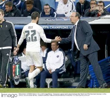 Champions League match played between Real Madrid and PSG Paris Saint Germain. In this picture, Isco and Rafael Benitez. xJOSExA.xGARCIAx 