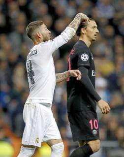 Champions League match played between Real Madrid and PSG Paris Saint Germain. In this picture, Sergio Ramos and Slatan Ibrahimovic. xANGELxRIVEROx 