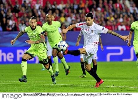 Champions League match played between FC Sevilla and Manchester City. In this picture, Vitolo and Otamendi. xKIKOxHURTADOx 