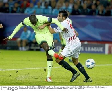 Champions League match played between FC Sevilla and Manchester City. In this picture, Yaya Toure and Rami. xRAMONxNAVARROx 