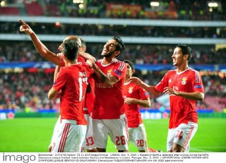 LISBON, Nov. 3, 2015 -- Players of Benfica celebrate after scoring during the UEFA Champions League football match between Benfica and Galatasaray in Lisbon, Portugal, Nov. 3, 2015. ) (SP)PORTUGAL-LISBON-SOCCER-UEFA CHAMPIONS LEAGUE-BENFICA VS GALATASARAY ZhangxLiyun 