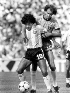 Diego Maradona - Argentina & Paulo Roberto Falcao - Brazil. Brazil(3) v Argentina(1), Group C, World Cup, Sarria Stadium, Barcelona, 2 July 1982 