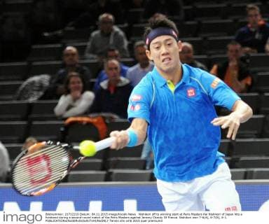 Nishikori off to winning start at Paris Masters Kei Nishikori of Japan hits a forehand during a second-round match of the Paris Masters against Jeremy Chardy Of France. Nishikori won 7-6(4), 6-7(6), 6-1. 