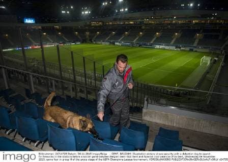 - GENT, BELGIUM: Illustration picture shows security with a detection dog to search for fireworks in the stadium before a soccer game between Belgian team KAA Gent and Spanish club Valencia CF in Gent, Wednesday 04 November 2015, game four in group H of the group stage of the UEFA Champions League tournament. YORICKxJANSENS  x04733403x