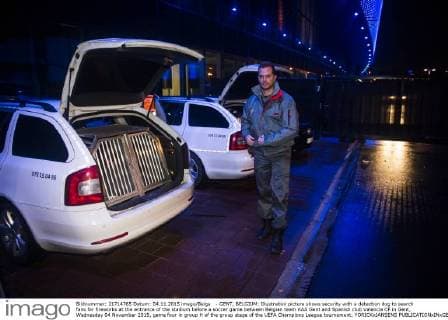 - GENT, BELGIUM: Illustration picture shows security with a detection dog to search fans for fireworks at the entrance of the stadium before a soccer game between Belgian team KAA Gent and Spanish club Valencia CF in Gent, Wednesday 04 November 2015, game four in group H of the group stage of the UEFA Champions League tournament. YORICKxJANSENS  x04733399x