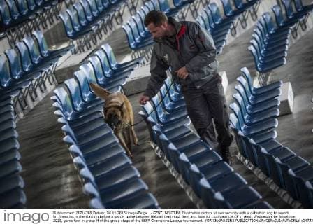 - GENT, BELGIUM: Illustration picture shows security with a detection dog to search for fireworks in the stadium before a soccer game between Belgian team KAA Gent and Spanish club Valencia CF in Gent, Wednesday 04 November 2015, game four in group H of the group stage of the UEFA Champions League tournament. YORICKxJANSENS  x04733407x
