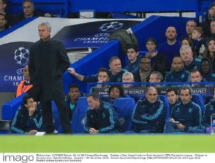 Chelsea s Eden Hazard looks on from the bench UEFA Champions League - Chelsea vs Dynamo Kyiv- Stamfrod Bridge - England - 4th November 2015 - Picture David Klein Sportimage EDITORIAL USE ONLY. No use with unauthorised audio, video, data, fixture lists, club league logos or live services. Online in-match use limited to 120 images, no video emulation. No use in betting, games or single club league player publications.
