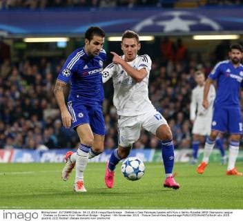 Chelsea s Cesc Fabregas tussles with Kyiv s Serhiy Rybalka UEFA Champions League - Chelsea vs Dynamo Kyiv- Stamfrod Bridge - England - 4th November 2015 - Picture David Klein Sportimage EDITORIAL USE ONLY. No use with unauthorised audio, video, data, fixture lists, club league logos or live services. Online in-match use limited to 120 images, no video emulation. No use in betting, games or single club league player publications.
